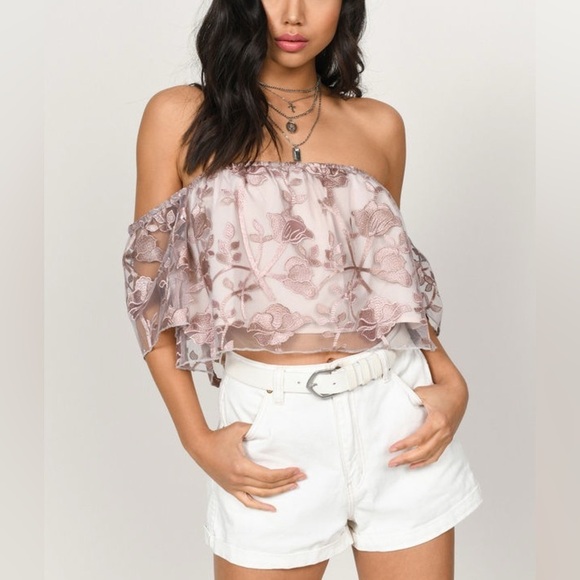 Tobi Tops - Tobi Floral Lace Off-Shoulder Rose Crop Top